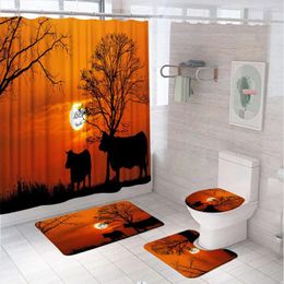 Shower Curtains Rustic Cow Curtain Set Farm Animal Sunset Tree Grassland Scenery Bathroom Non-Slip Bath Mat Rug Lid Toilet Cover