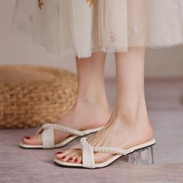 Slippers Fashion Shoes For Women Basic Mules Slides Casual Square Mid Heels Solid String Bead Summer Plus Size