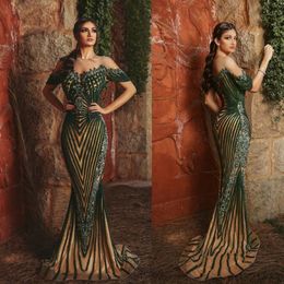 Green Mermaid Evening Dresses Sheer Jewel Neck Crystal Major Beading Long Prom Dresses Ruffle Custom Made Sweep Train Formal Party Gown 170R