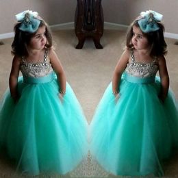 Cute Turquoise Green Flower Girls Dresses Spaghetti Birthday Gowns Straps Crystal Beaded Tulle Toddler Pageant Dresses For Girls 2293