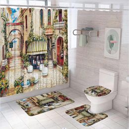 Shower Curtains Oil Painting Exotic Retro Street Flower Curtain Set Building Scenery Bathroom Non-Slip Bath Mat Rug Toilet Cover