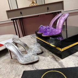 2024 Designer Pumps High Heels PartyDress Shoes dermis Silvery purple Stiletto Open Peep-toes Pointy Slingback Comfy Fashion Loafer Sandal