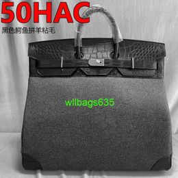 Bk Leather Handbag Trusted Luxury Customised 50cm Black Matte Crocodile Skin Patchwork Sheep Sticky Woollen Cloth Large Travel Bag have logo HB98JX