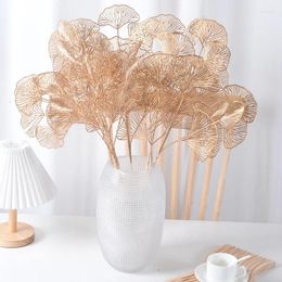 Decorative Flowers Simulation Of Ginkgo Leaf Fan Plastic Mesh 3 Fork Gold Artificial Flower Home Decor Wedding Party Decoration