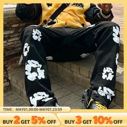 Black printed mens jeans Y2k fashionable loose fitting wide leg offset casual pants big hip-hop mens pants 240508