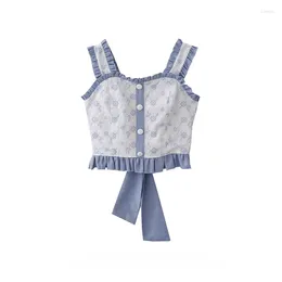 Women's Tanks Sweet Girl Japanese Embroidery Bow Lace-up Pleated Edged Small Camisole Summer Backless Short Sling Tops