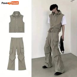 Summer Sleeveless Set Men Women Multi-Pocket Hooded Vest jogging Cargo Pant Spring Loose Casual Zipper Two Piece Suit Street 240513