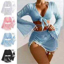 Women's Swimwear Women Four-piece Swimsuit Set 4pcs/set Lace Up Halter Triangle Bikini Cover Top With Skirt Sexy For Summer