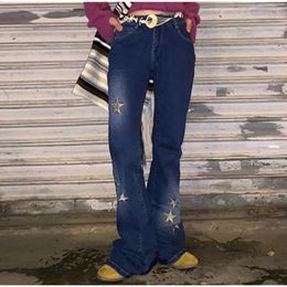 Women's Jeans Low Waist Flare Women Fashion Washed Star Print Denim Blue Push Up Vintage Slim Pants Trousers Clothes For
