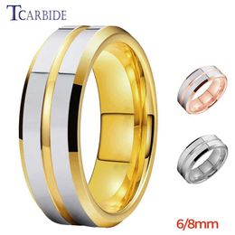 Wedding Rings 6MM 8MM Beautiful Band Mens Tungsten Engagement Ring with Gold Centre Groove and Bevelled Polishing for Comfortable Fit Q240511