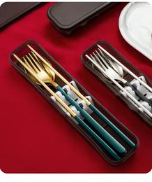 Flatware Sets 3PCS/LOT Stainless Steel Dinnerware Set Dinner Chopsticks Fork Spoon Tableware With Gift Box Drop XB 039