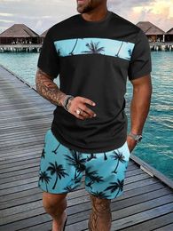 Men's Tracksuits Hawaiian Style Mens Suit Summer Seaside Vacation Casual Wear Mens Home Loose Comfortable Pyjamas Creative Tropical Palm Print Y240508