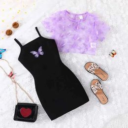 Clothing Sets Clothes Set For Kid Girl 4-7 Years old Butterfly Embroidery Mesh Short Sleeve Top Suspenders Skirt Princess Dresses For BabyL2405
