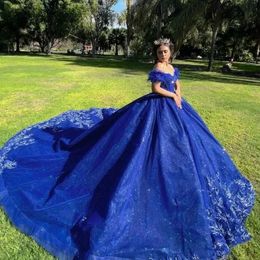 Royal Blue Shiny Off The Shoulder Quinceanera Dress Ball Gown Lace Applique Beading Crystals Tull Mexican Sweet 16 Vestido De 15 Anos