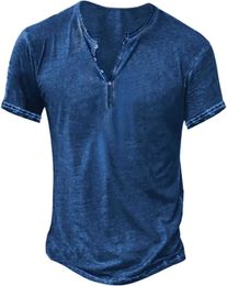 ts Beotyshow mens distressed Henry shirt short sleeved/long sleeved button up T-shirt slim fit cotton casual shirt