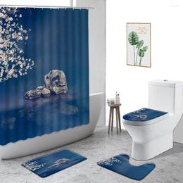 Shower Curtains Chinese Landscape Curtain Ink Painting Mountain Water Scenery Home Decoration Set Non-Slip Bath Mat Toilet Cover