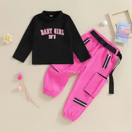 Clothing Sets Kid Baby Girls 2pcs Jog Sweatsuit Set Long Sleeve Lettered Pullover Elastic Pockets Pink Cargo Pants 4-7Y