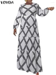 Casual Dresses VONDA Women Maxi Dress 2024 Summer Sundress Printed Long Sleeve Ruffled Loose Holiday Robe Femme