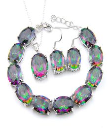 3pcs Lot Ring Earring Bracelets Jewelry SetsFashion Glary 925 Sterling Silver Oval Gemstone Jewelry Rainbow Mystic Topaz Jewelry9492590