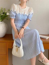 Party Dresses Alien Kitty Blue Lace Mid-Length Dress Women Patchwork Gentle 2024 Summer All Match Princess Office Lady Short Sleeve Slim