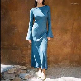 Casual Dresses Women Blue Print Flare Long Sleeve Holiday Maxi Silk Dress