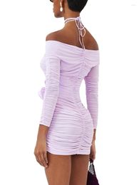 Casual Dresses Women S Cutout Slim Dress Long Sleeves Tie Halter Neck Pleated Flowers Mini Cocktail