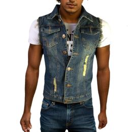 Men Denim Vest Vintage Sleeveless Jacket Single Breasted Lapel Coat Mens Cowboy Tops Waistcoat 240509