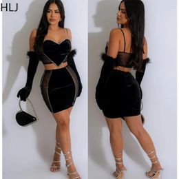 Work Dresses HLJ Fashion Rhinestones Mini Skirts Two Piece Sets Women Thin Strap Crop Top And Outfits Sexy With Sleeve Glove Clothing
