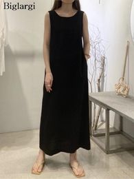 Casual Dresses Summer Cotton Linen Sleeveless Vests Dress Women Backless Fashion Loose Ruffle Pleated Ladies Korean Woman Long