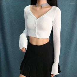 Women's T Shirts Woman Long Sleeve Rib Crop T-Shirt Solid Color Button O Neck Casual M