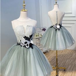New Scoop Homecoming Dresses 3D Handmade Flowers Appliqued Short Prom Gown Lace Party Gowns Custom Made Cocktail Dress 315A