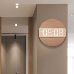 Wall Clocks Creative Wooden Digital Clock 12/24H Home Decor Large Round Screen Wall Mounted Clock Automatic Light-sensitive Wall Clocks