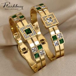Bangle Flashbuy Trendy Chic Stainless Steel Square White Green Crystal Bracelet Bangles For Women New Statement Charm Jewellery Gift T240509