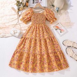 Girl's Dresses Summer Dress 8-12 Year Old Childrens and Girls Fluffy Sleeves Yellow Flower Long Dress Elegant Princess Birthday Party Daily DressL240513