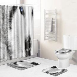 Shower Curtains Wolf Curtain Floor Mat Combination Four-piece Set Bathroom Toilet Carpet Room Door Rugs And