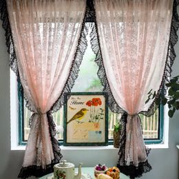 Curtain Vintage black lace with pink jacquard transparent floral curtains used for romantic and elegant living room Cortinas decoration in the bedroom 240516