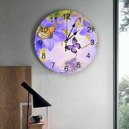 Wall Clocks Butterfly Flower Purple Decorative Round Wall Clock Arabic Numerals Design Non Ticking Wall Clock Large For Bedrooms Bathroom