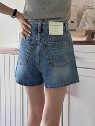 Women's Shorts Gagarich Korean Chic Summer Retro Reduced Age Back Pocket Bow Print High Waist Versatile Wide Leg Jeans Women