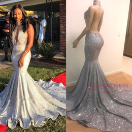 2022 Sparkly Sexy Backless Mermaid Prom Dresses Silver High Neck Long Lace Sequins Beaded Backless Evening Gowns Formal Party Dress BC0 265R