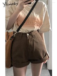 Women's Jeans Yitimuceng Brown Cuffs Shorts Summer Women High Waist Wigh Leg Casual Female Loose Fit Denim