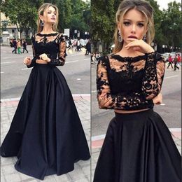 Plus Size Two Pieces Black Prom Dresses Long Sleeves A-Line Sexy Jewel Illusion Bodice Long Lace Evening Dress Party Formal Gowns SD336 263l