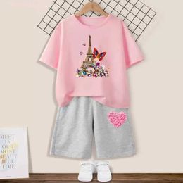 의류 세트 여름 여자 세트 나비 에펠 탑 인쇄 짧은 슬리브 티셔츠+반바지 2 피스 아동 패션 파티 의류 세트 2405L2405