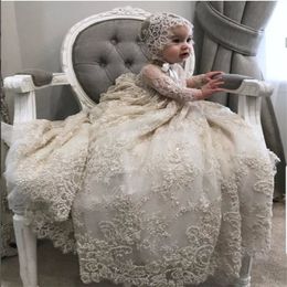 Luxury White Ivory Christening Gown Lace Pearls Baby Girls Baptism Dresses Toddler Infant Christening Dress With bonnet 291L