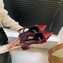 Casual Shoes French Style Buckle Red Brand Flat For Women's 2024 Spring Slimming Low Heel Pointed Back Empty Single