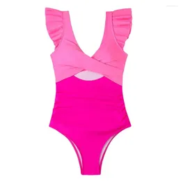 Women's Swimwear Patchwork Color Monokini Stylish One-piece Swimsuits For Women V-neck Tummy Control High Waist With Cutout Design