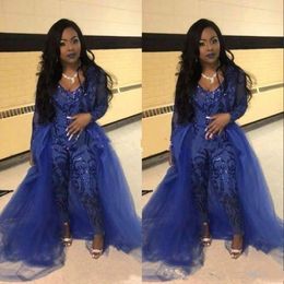 Trendy Jumpsuit Prom Dresses Pants Overskirt Long Sleeve Royal Blue Sequins Party Evening Gowns Robe De Soiree Celebrity Special Occasi 288c