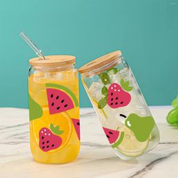 Wine Glasses 1 Piece Fruit Watermelon Strawberry Pear Pattern With Bamboo Lid Glass Straw Drink Bottle Suitable For Summer