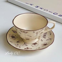 Mugs French Vintage Broken Flower Ceramic Coffee Cup And Plate Warm Colour Latte Matte