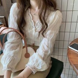 Women's Blouses Korean V-neck Long-sleeved Lace Shirt With Chic Design Fashionable Lazy Style All-match Tops Spring And Autumn Casual Blouse