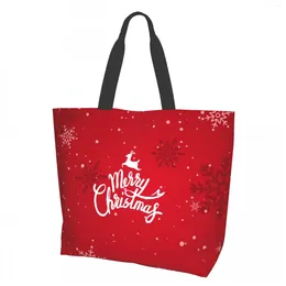 Shopping Bags Red Merry Christmas Reusable Grocery Bag Canvas Tote With Strong Handle Washable School Beach For Women